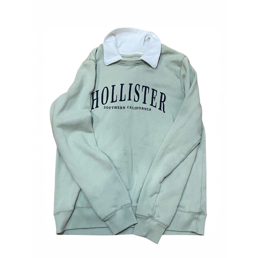 Hollister Sage Green Collared Embroidered Crewneck Sweatshirt Size M